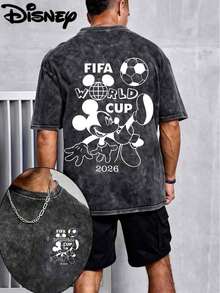 Disney UNIHLO  Mickey World Cup T-Shirt   Printed Summer Heavyweight Retro Washed Street Fashion Casual T-Shirt - 黑色 - 查看 1