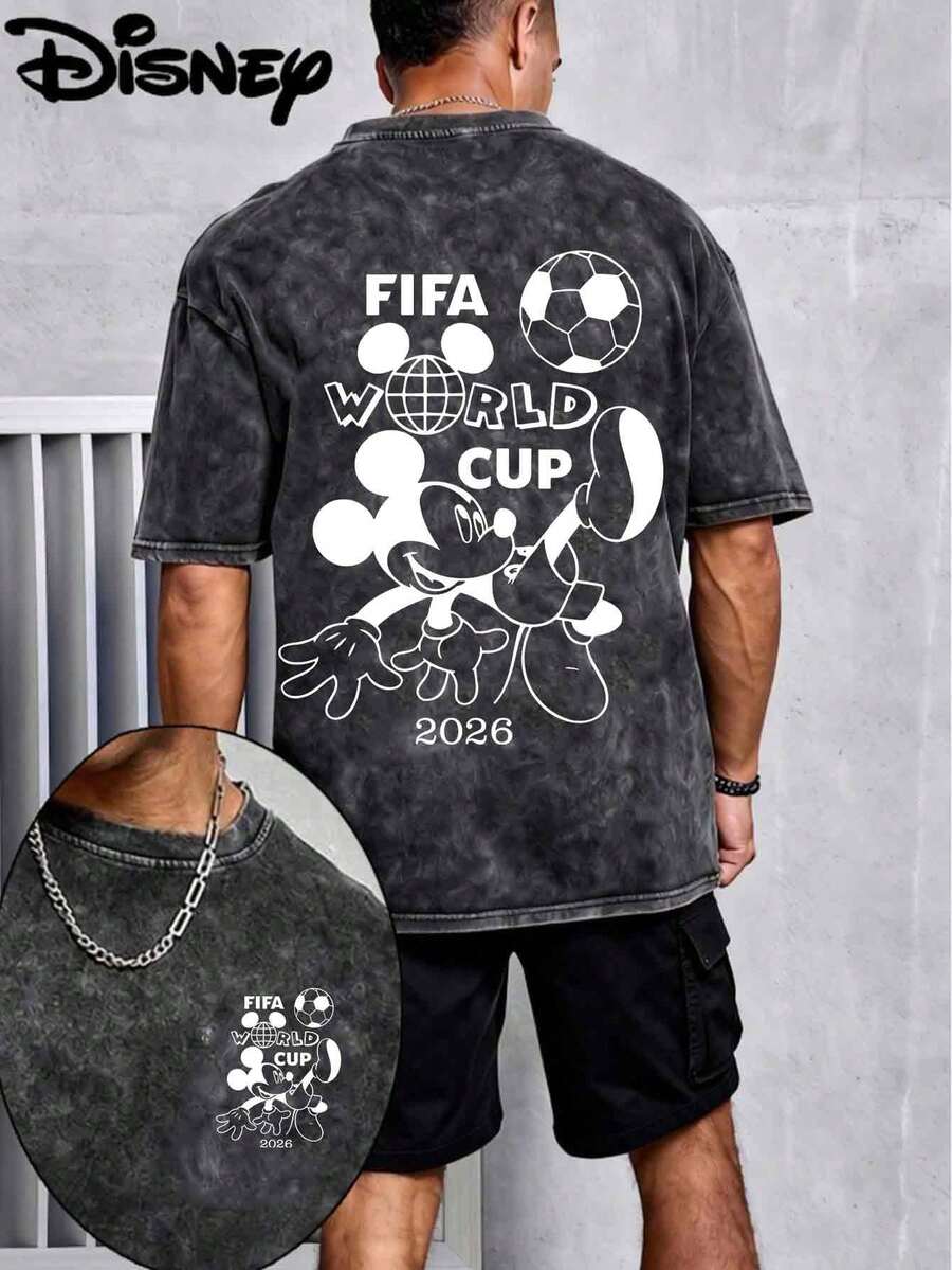 Disney UNIHLO  Mickey World Cup T-Shirt   Printed Summer Heavyweight Retro Washed Street Fashion Casual T-Shirt - 黑色 - 查看 1
