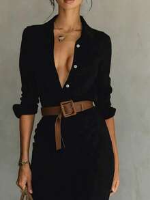 纯色优雅腰部褶裥前开襟纽扣女士黑色长连衣裙，V领长衬衫裙，无弹力面料，A字裙摆（不含腰带） - 黑色 - 查看 3