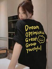 女士宽松圆领短袖字母印花T恤，春夏款 - 黑色 - 查看 1