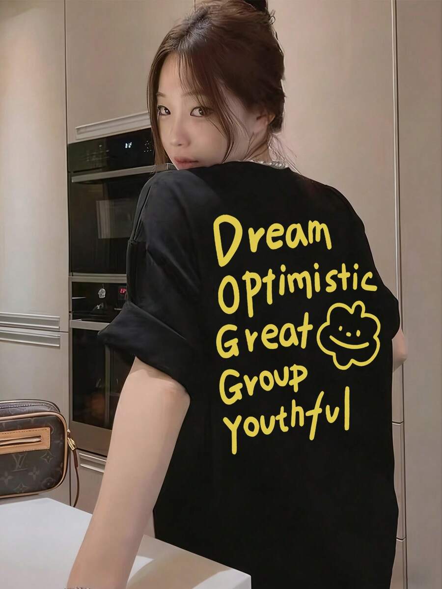 女士宽松圆领短袖字母印花T恤，春夏款 - 黑色 - 查看 1