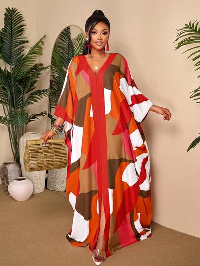 BIUBIU Plus Size Fashionable All-Over Print Batwing Sleeve Long DressSuitable For Music Festivals, Birthday Parties And Graduation Ceremonies. It's Also Ideal For Student Wear, Daily Casual Looks, Vacations, Cruise Trips And Beach Sunbathing.