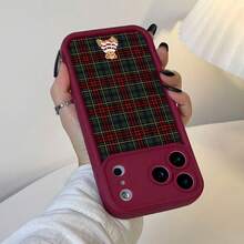 1pc Retro Plaid Teddy Bear Pattern TPU Phone Case - Burgundy - View 3