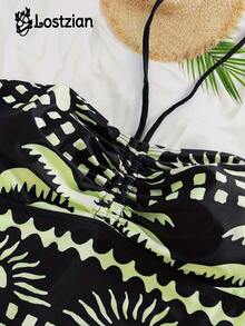 Lostzian 2026 春夏性感比基尼泳衣，波西米亚印花连体泳衣，胸部褶皱挂脖露背泳衣，适合海滩度假泳池派对情人节、嘉年华优雅休闲装扮，关注店铺 - 彩色 - 查看 3