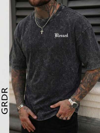  Camiseta de Manga Curta com Gola Redonda Estilo Americano Retrô Minimalista da GRDR, Lavada, Confortável e Respirável para o Verão