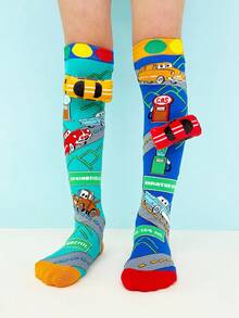 1 Pair Kids Over-The-Knee Socks, Unique 3D Car Decor Design, Crazy Fun Sock Style, Suitable For All Seasons, Great For Crazy Day Gifts, Kids Parties, Valentine's Day, Easter, Holidays, Outdoor And Daily Wear - Baby Blue - View 5
