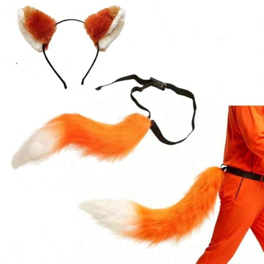 Halloween Animal Ear & Tail Set, Anime Cat Ear Headband, Cat Ear Headband, Fox Tail Accessory, Cosplay Props, Handmade Realistic Cat Ear Headband, Bells Collar - Multicolor - View 1