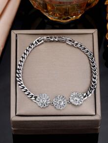 1pc Luxury Rhinestone Flower Cuban Link Bracelet For Women, Niche Elegant Versatile Commuter Jewelry - Bracelet - View 2