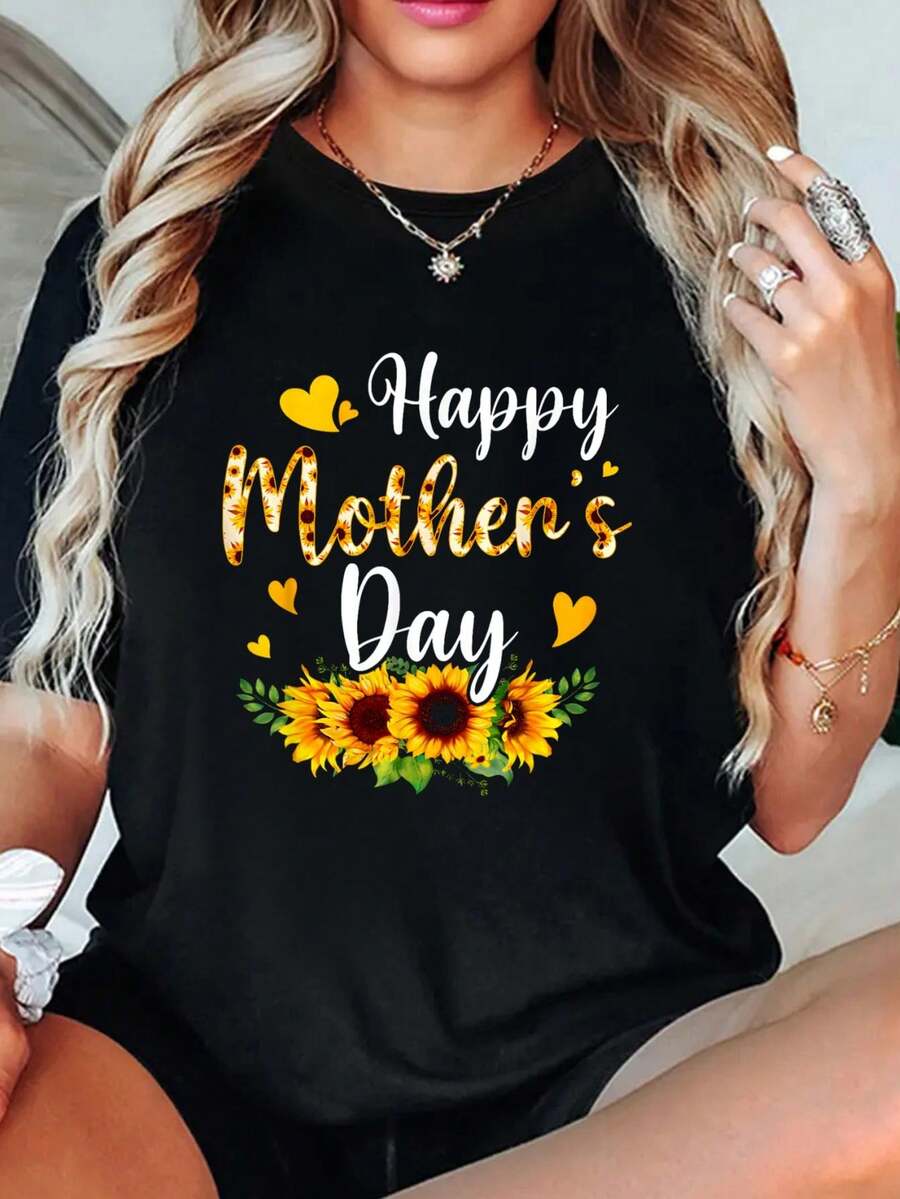 Funny Happy Mothers Day Cute Floral For Women Mom Grandma T-Shirt, Tops For Women, Vacation Outfits Woman, Summer Tops - Black - View 1