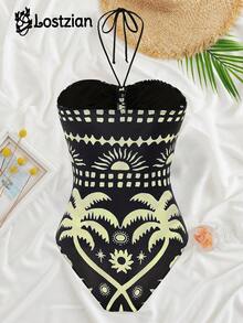 Lostzian 2026 春夏性感比基尼泳衣，波西米亚印花连体泳衣，胸部褶皱挂脖露背泳衣，适合海滩度假泳池派对情人节、嘉年华优雅休闲装扮，关注店铺 - 彩色 - 查看 2