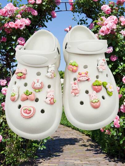 14pcs/Set Cartoon Resin Summer DIY Shoe Decorations, Pink Rabbit, Strawberry, Girl Design, Suitable For Casual Shoes, Wooden Clogs And Sandals, Durable, Cute Whimsical Design, Great For Girl Party Gifts And Creative Gifts