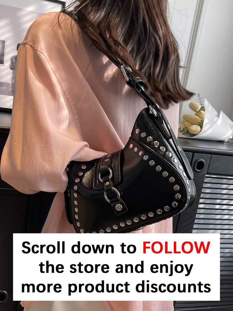 Fashionable And Versatile Shoulder Bag, Unique Design With Solid Color Rivet Decoration, Adjustable Shoulder Strap, Elegant And Stylish Crossbody Bag, Suitable For Street Photography, Parties, Commuting, Outings, Dates And Shopping.