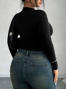 XLLAIS Áo liền thân thể thao cổ cao ôm sát màu trơn dành cho nữ cỡ lớn màu đen - màu đen - Xem 8