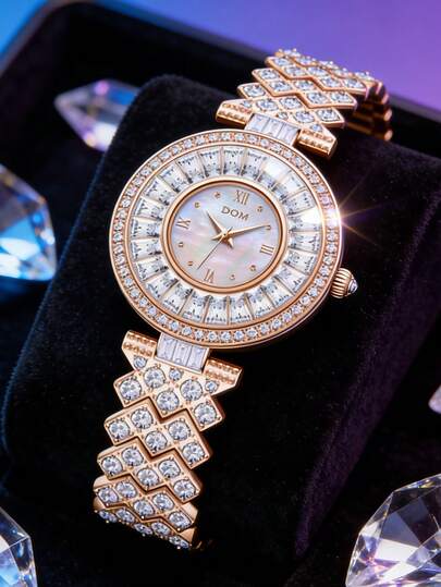 DOM 1pc Women's Elegant Rose Gold Bracelet Watch, Decorated With Real Crystals, Classic Jewelry Design, Waterproof, Fashionable Round Dial, Elegant Ladies Watch, Quartz Automatic Movement, Long-Lasting Battery. A Beautiful Gift, Suitable For Daily Wear And Special Occasions, Essential Fashion Accessory