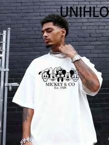 Disney UNIHLO Street Life Men's Casual Loose  Valentine's Day Love  Cartoon  Print Short Sleeve T-ShirtSummer - 白色 - 查看 3