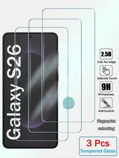RQVQJ 3Pcs 2.5D Screen Protector Compatible With Samsung Galaxy S26 S25 S24 Plus Ultra S21 S22 S23 FE + Plus S21+ S22+ S23+ S24+ S25+ S26+ Tempered Glass Clear Protective Cover Film Ultrasonic Fingerprint Unlocking