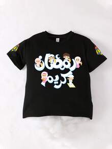 1 buah Kaos Lengan Pendek Leher Bulat Motif Kartun untuk Anak Laki-laki, Pakaian Musim Panas untuk Siswa dan Remaja. - Hitam - View 3