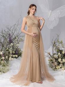 Faeriesty Dressalisa Elegant One-Shoulder Maternity Evening Dress, Mermaid Hem, Delicate Mesh Patchwork, Suitable For Photography, Baby's Full Moon Celebration, Christening, Maternity Photoshoot, And Family Gatherings Spring - Champagne - View 8