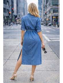 Women Denim Dresses - Medium Wash - View 4