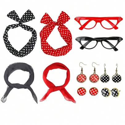 Vintage 1950s Costume Accessories Set For Festive Party Cosplay: Polka Dot Earrings, Headband, Glasses, Scarf - Perfect For Retro-Themed Parties And Events