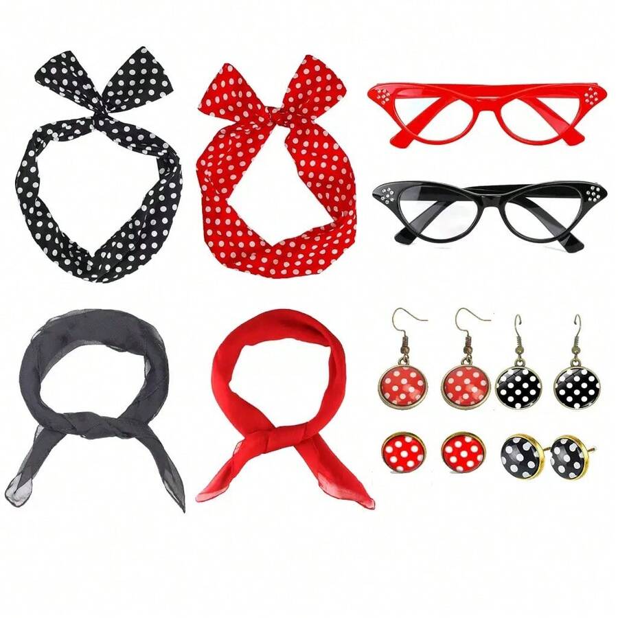 Conjunto de accesorios de disfraz vintage de los años 50 para fiestas festivas y cosplay: pendientes a lunares, diadema, gafas, pañuelo - perfecto para fiestas y eventos con temática retro - Traje multicolor - Ver 1