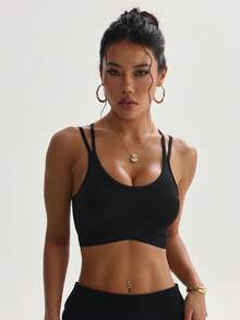 Sujetador deportivo sin costuras para mujer, de unicolor, con almohadillas extraíbles y espalda cruzada - Negro - Ver 4
