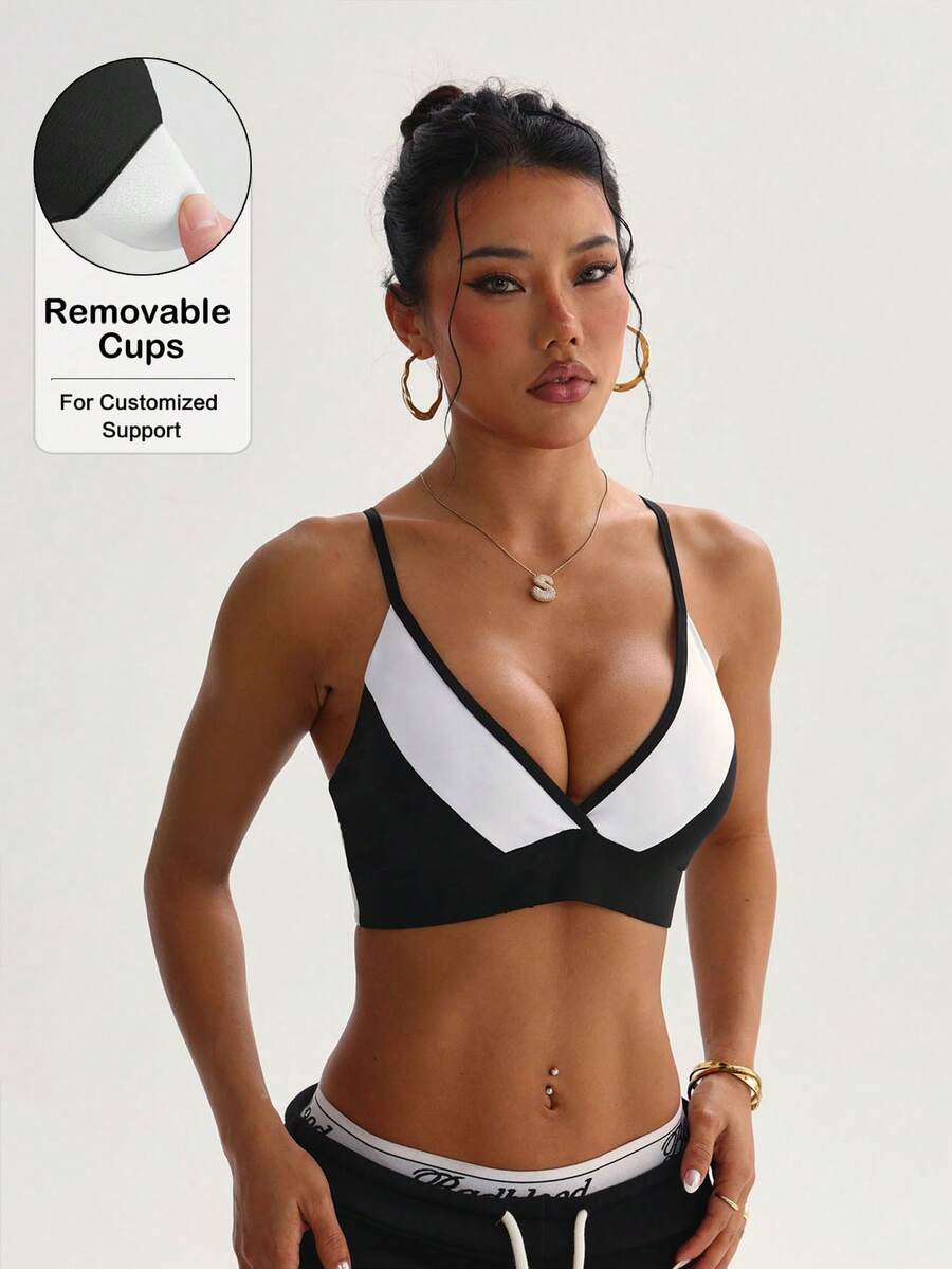 Sujetador deportivo de punto para mujer, negro y blanco, con almohadillas extraíbles y tirantes ajustables, primavera - Blanco y Negro - Ver 1
