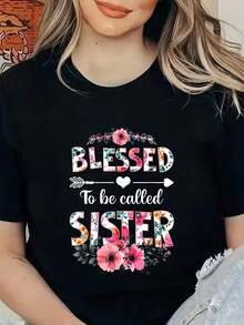 Camiseta Bendecida de Llverse de Hermana, Divertida Camiseta para el Día de la Madre, Camisetas Gráficas para Mujer - Negro - Ver 6