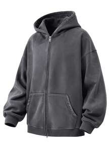 Men's Washed Cotton Cardigan Hoodie Slightly Stretch Breathable Loose Casual Hooded Jacket - 深灰色 - 查看 2