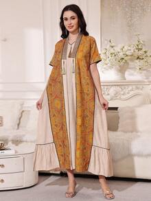 2026 New Style Ramadan Traditional Elegant Embroidered Beaded Dress With Tassel Trim, Short Sleeve Jalabia Dress - Apricot - View 2