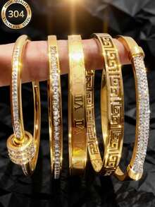 Stylish Retro Stainless Steel Bracelet Set, Perfect Holiday Gift, Versatile Unisex Accessory, Durable Multi-Function Bracelet - Gold - View 13