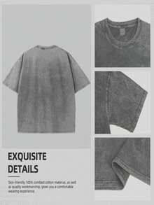 Casual Women's Gray Cotton T-Shirt, Short Drop Shoulder Sleeve, Round Neck, Washed Longline Top - Grey - View 4