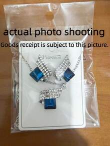1 Pair Earrings + 1 Necklace Vintage Jewelry Set, Shiny Square Design Champagne Color, Suitable For Women's Daily Outfit And Party Decoration - B Blue - View 2