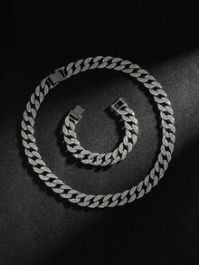 合金满钻月牙形时尚嘻哈项链街头酷炫配饰，生日派对礼物 - 銀色 - 查看 6