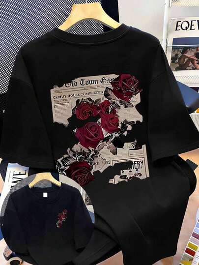 Women's Retro Rose And Newspaper Cartoon Letter Pattern Prints On The Street, Korean-Style Comfortable Retro Fashion Commuting Versatile Y2k Women's Clothing, Regular Niche Punk Style Black Round-Neck Short-Sleeved T-Shirt, Retro Series Comfortable T-Shirt, Easily Create Retro Casual Wear, Suitable For Daily Commuting, Leisure Outings, Daily Outfits, Classic Retro Style Women's Clothing