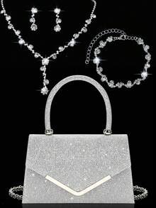 Shiny Ladies' Evening Clutch, New Stylish Handbag And Evening Bag, Paired With A Three Pieces Sparkling Rhinestone Evening Jewelry Set, Including A Dazzling Pendant Necklace, Earrings, And Bracelet. Perfectly Matches Wedding Dresses, Sequin Dresses, And Prom Gowns, Suitable For Parties, Weddings, And Proms. - Silver - View 1