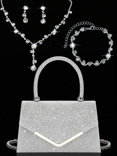Shiny Ladies' Evening Clutch, New Stylish Handbag And Evening Bag, Paired With A Three Pieces Sparkling Rhinestone Evening Jewelry Set, Including A Dazzling Pendant Necklace, Earrings, And Bracelet. Perfectly Matches Wedding Dresses, Sequin Dresses, And Prom Gowns, Suitable For Parties, Weddings, And Proms.