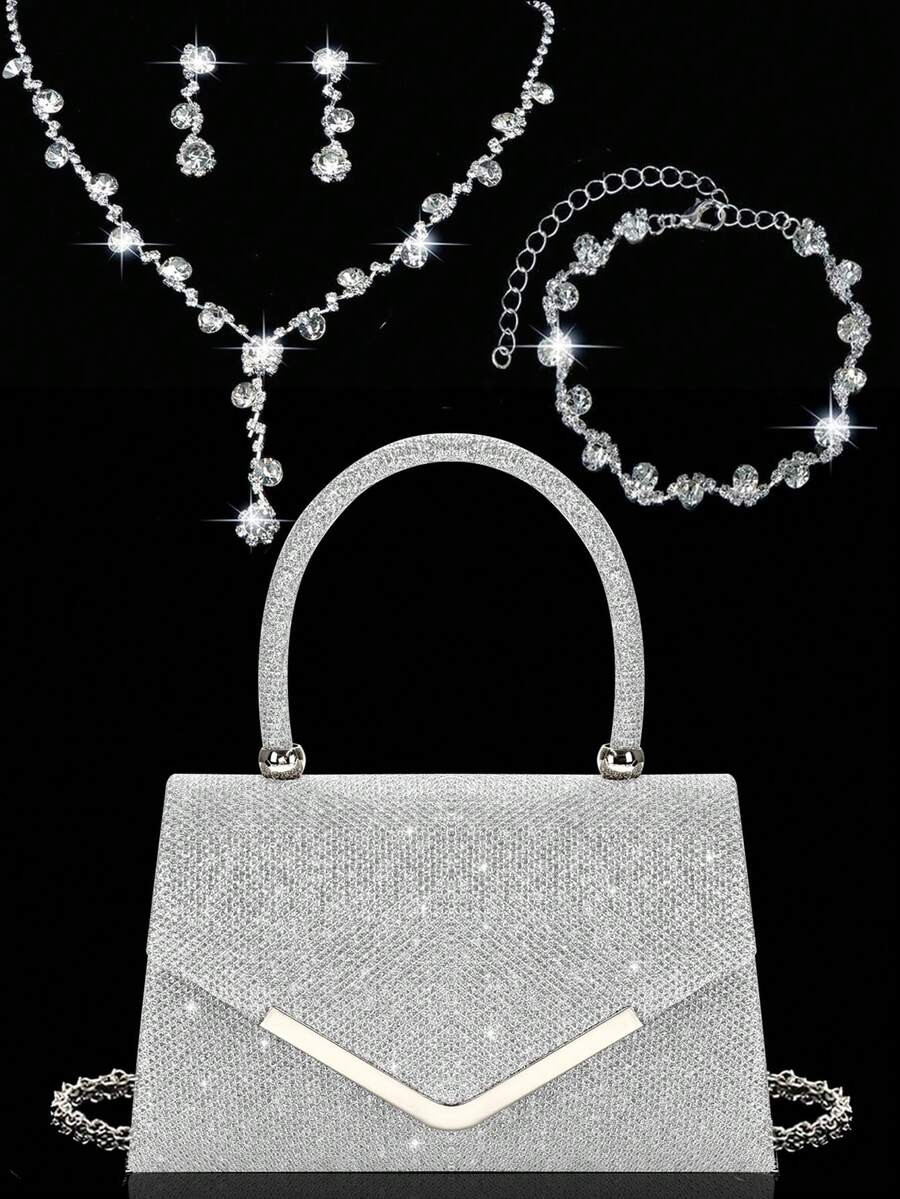 Shiny Ladies' Evening Clutch, New Stylish Handbag And Evening Bag, Paired With A Three Pieces Sparkling Rhinestone Evening Jewelry Set, Including A Dazzling Pendant Necklace, Earrings, And Bracelet. Perfectly Matches Wedding Dresses, Sequin Dresses, And Prom Gowns, Suitable For Parties, Weddings, And Proms. - Silver - View 1