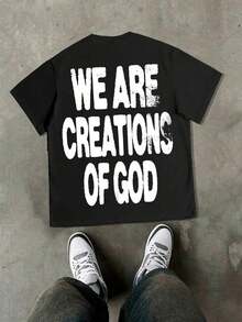 Unisex "We Are Creations Of God" Graphic T-Shirt, Double-Sided Rosary Cross Print 220G Cotton Y2K Streetwear Tee Y2K Dark Aesthetic Tee Breathable & Comfortable Cotton - 黑色 - 查看 3
