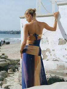 渐变蓝金海星装饰露背休闲性感优雅连体裤，配开衩网纱罩裙，适合轻松海滩度假约会派对 - 彩色 - 查看 3