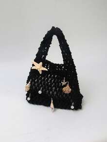 BAILEE Bolso de mano de poliéster de colores de moda con patrón tejido a mano y colgante de océano, adecuado para vacaciones - Negro - Ver 13