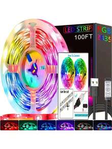98英尺/65英尺/50英尺/32.8英尺/16.4英尺 RGB LED灯带，适用于卧室、房间、家庭派对装饰，也适用于家居装饰、客厅、卧室、电视背景墙（无遥控器，按钮在数据线上） - 彩色 - 查看 3