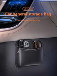 1pc Leather Car Storage Bag, Adhesive Car Phone Holder Organizer Pouch - Black-3096 - View 7