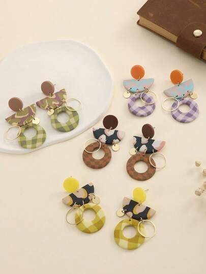 1 Pair Funky Polymer Clay Drop Earrings, Retro Checkered Plaid & Abstract Print Geometric Dangle Jewelry With Gold Metal Ring, Y2K Dopamine Style Statement Accessories For Daily Party