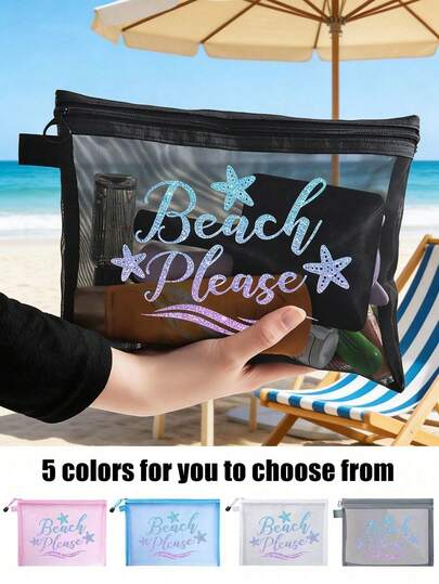 Fashion Makeup Bag,Gradient Shiny Beach, Starfish Pattern Printed Mesh Bag,Mesh Beach Bag Tote Bag ,Mesh Cosmetic Storage Bag,Foldable Swim Large Capacity Beach Bag Waterproof Sandproof,Letter Decor Mesh Beach Tote Women Bag,Personalized Gift Bag, Suitable For Commuting, Shopping, Vacation, And Daily Leisure Use, The Perfect Gift To Give To Friends