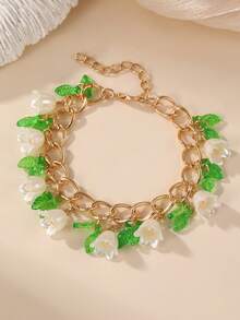 1/2pcs Fashion Sweet Lily Of The Valley & Leaf Necklace Earrings Jewelry Set, Suitable For Daily, Date, Vacation, Party - Yellow Gold - View 4