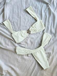 Nuevo conjunto de bikini de copa micro de color blanco sólido, elegante y casual para vacaciones en la playa, fiestas y citas, primavera/verano - Blanco - Ver 2