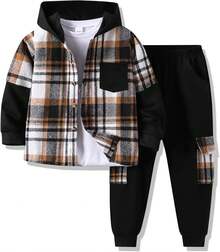 Boys 3-Piece Winter Set - Plaid Flannel Shirt, Hoodie & Pants For Layering, Cozy Fall Outfit Ages 4-11Y - Black - View 1