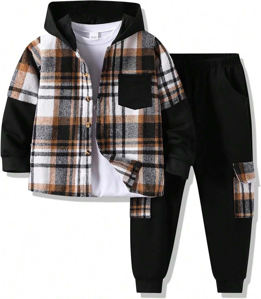 Boys 3-Piece Winter Set - Plaid Flannel Shirt, Hoodie & Pants For Layering, Cozy Fall Outfit Ages 4-11Y - Black - View 1