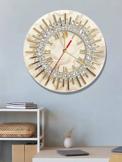 A Wooden Marble Pattern Golden Crystal Wall Clock, Silent Round Wooden Wall Clock, Suitable For Bedroom, Living Room, Office, Kitchen Decoration-(AA Batteries Not Included)